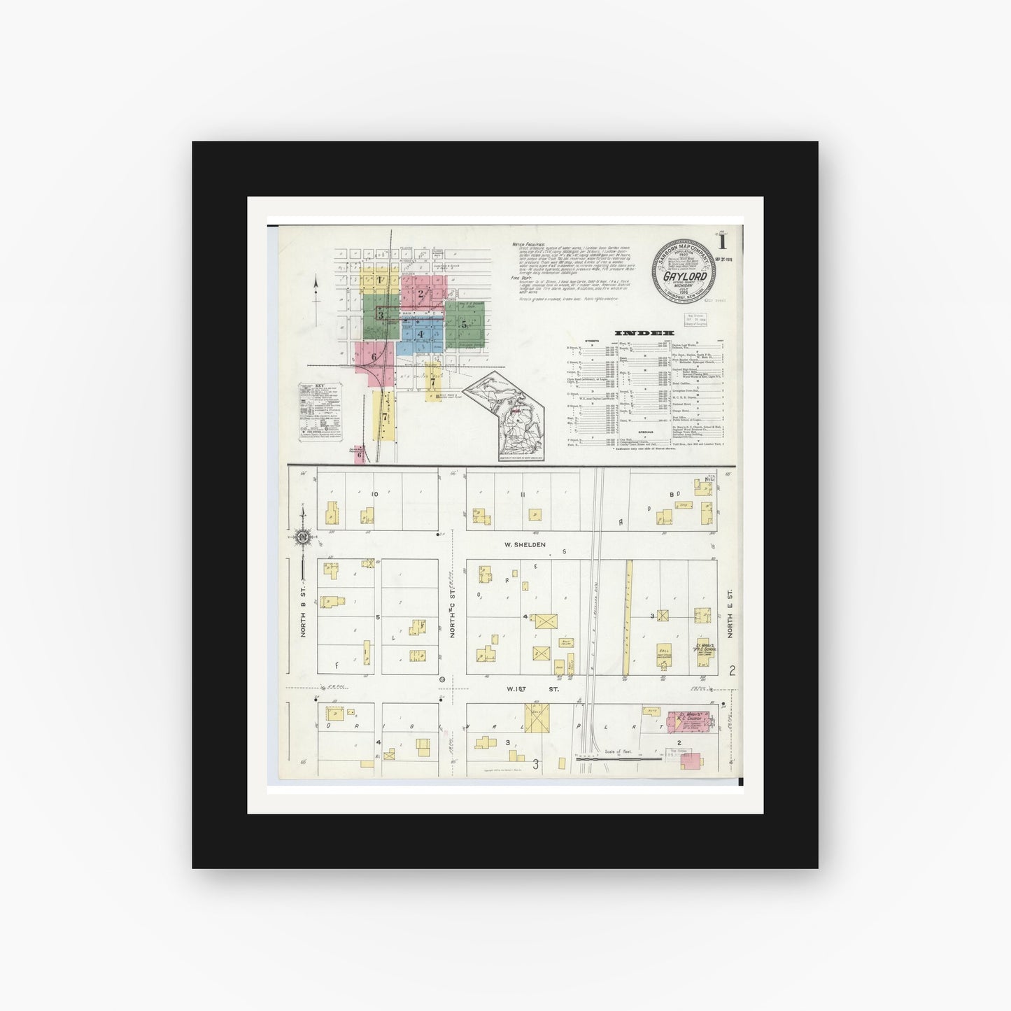 Old map wall art mockup — black gallery frame with white mat — Sanborn Fire Insurance Map from Gaylord, Otsego County, Michigan (1916) - Complete Map Set