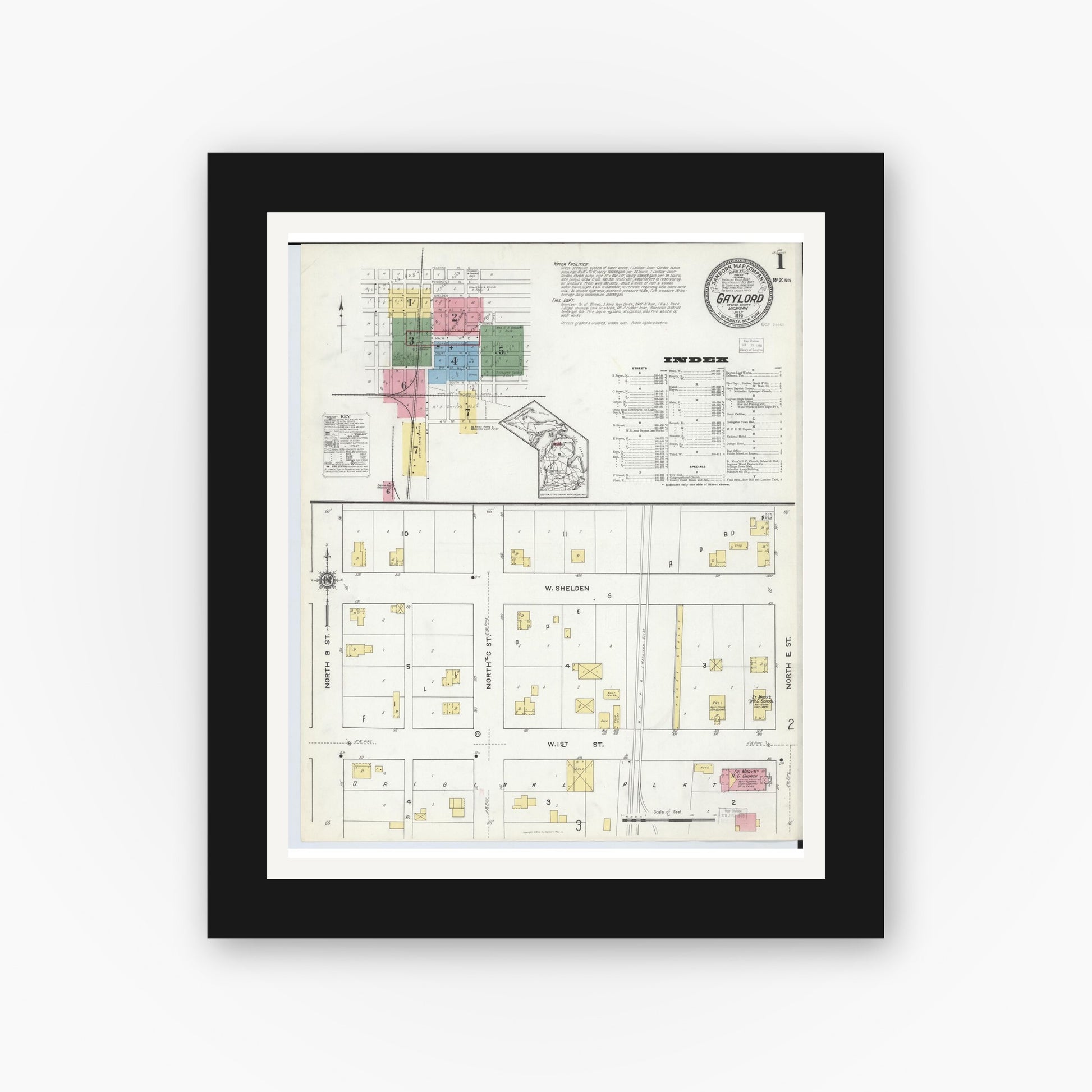 Old map wall art mockup — black gallery frame with white mat — Sanborn Fire Insurance Map from Gaylord, Otsego County, Michigan (1916) - Complete Map Set