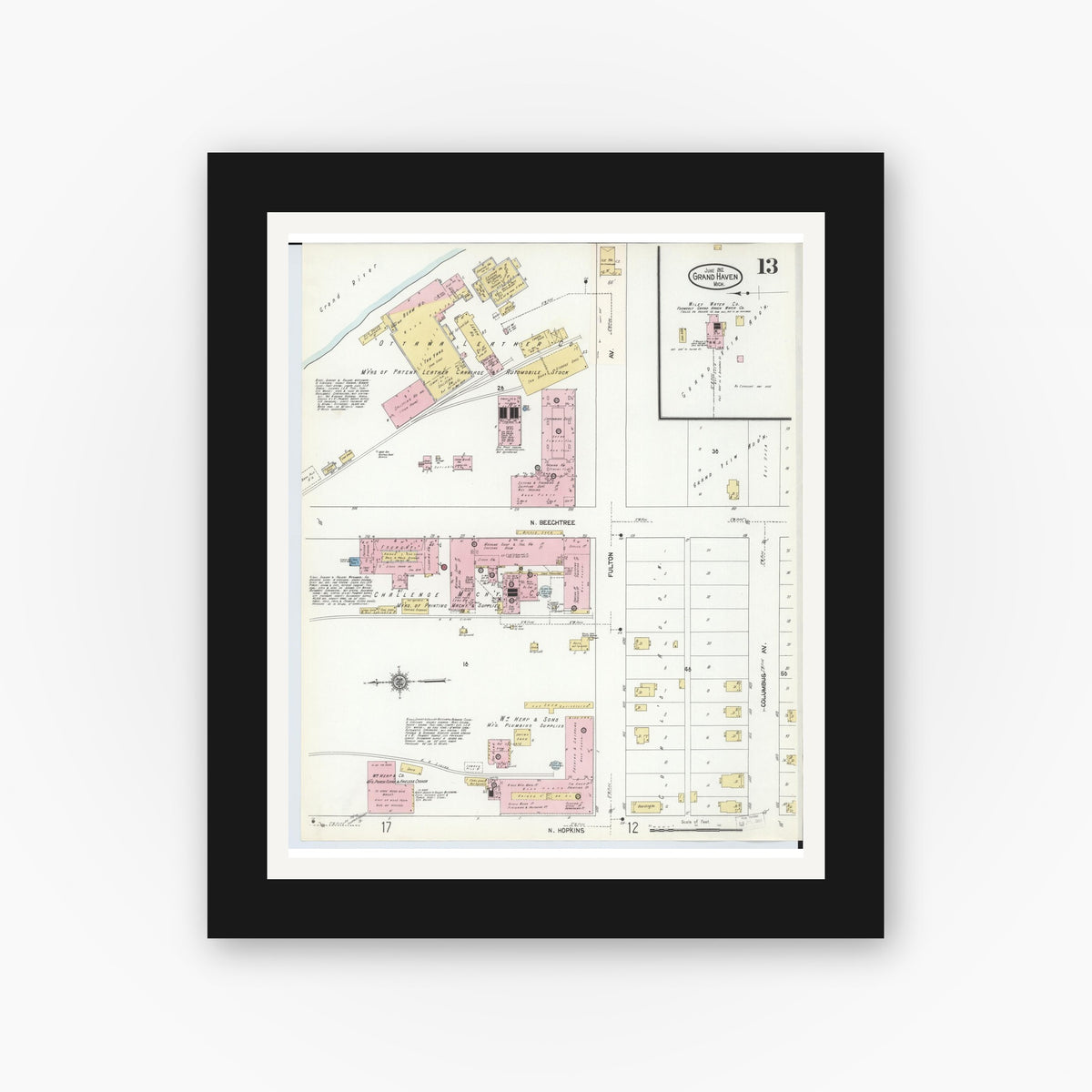 Old map wall art mockup — black gallery frame with white mat — Sanborn Fire Insurance Map from Grand Haven, Ottawa County, Michigan (1912), Sheet #0013
