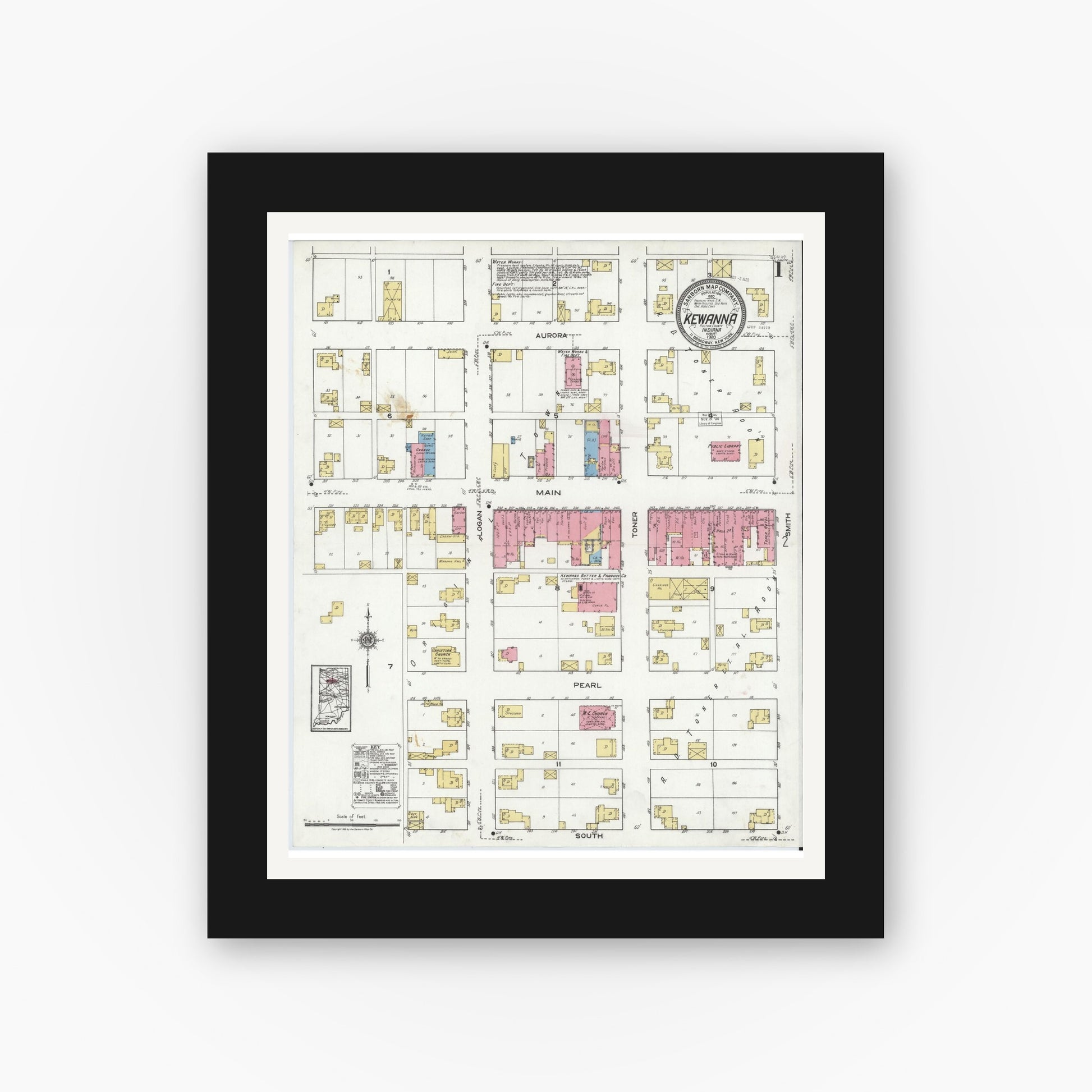 Old map wall art mockup — black gallery frame with white mat — Sanborn Fire Insurance Map from Kewanna, Fulton County, Indiana (1920) - Complete Map Set
