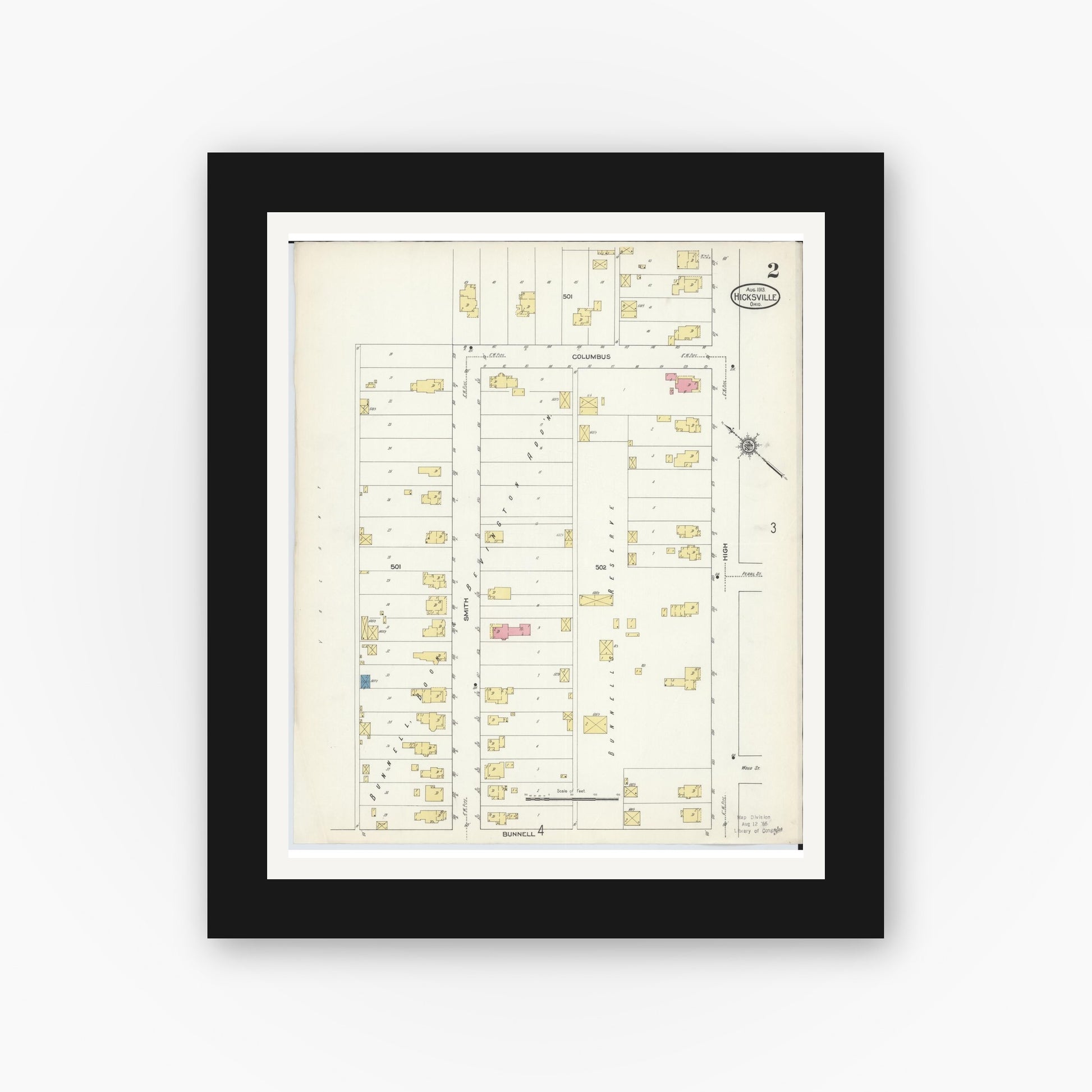 Old map wall art mockup — black gallery frame with white mat — Sanborn Fire Insurance Map from Hicksville, Defiance County, Ohio (1913), Sheet #0002