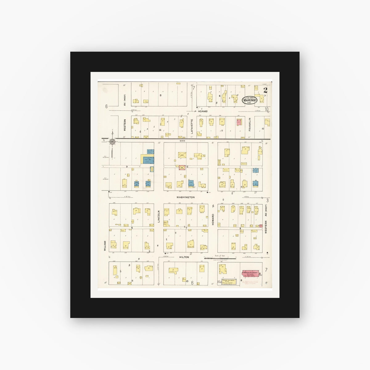 Old map wall art mockup — black gallery frame with white mat — Sanborn Fire Insurance Map from Marengo, Iowa County, Iowa (1922), Sheet #0002