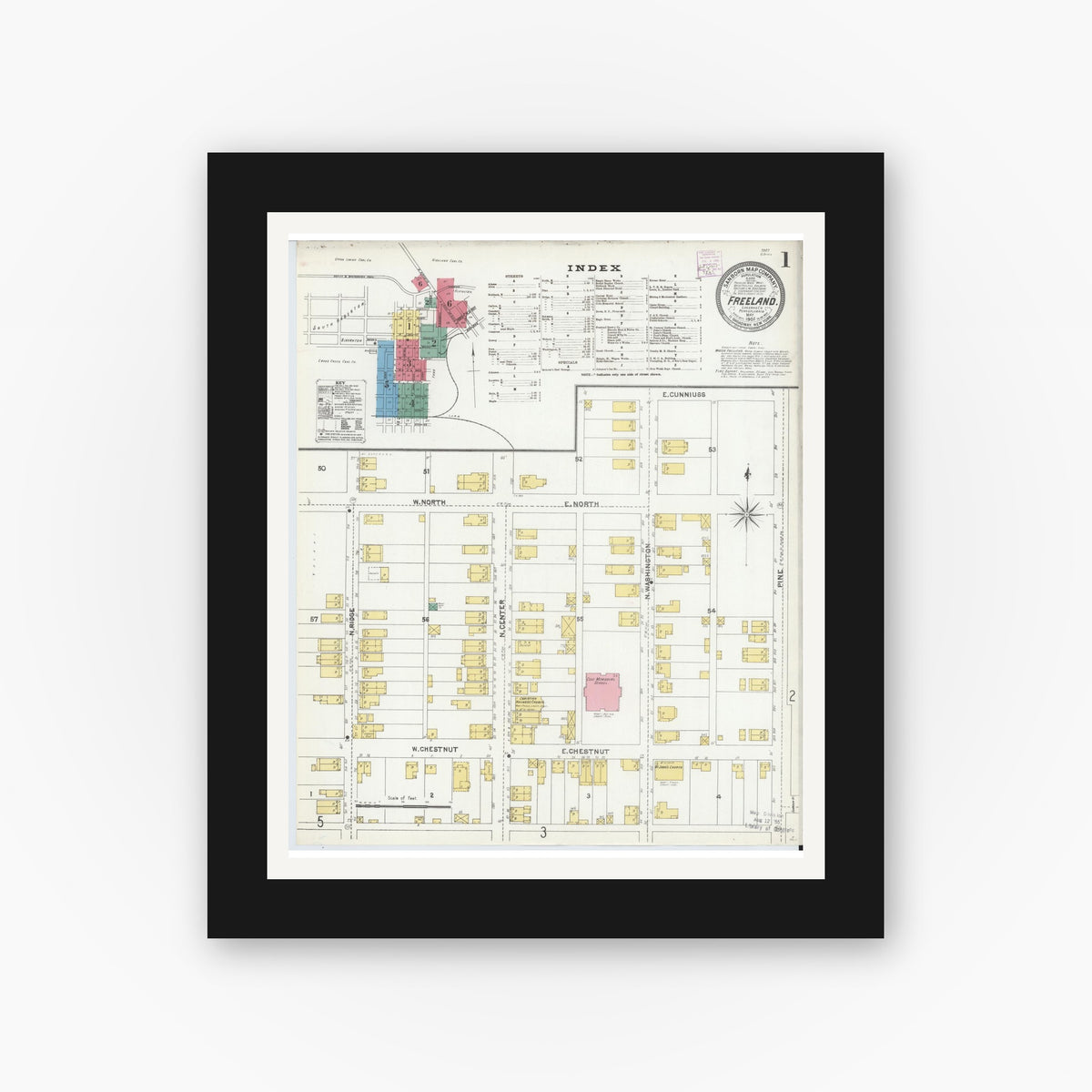 Old map wall art mockup — black gallery frame with white mat — Sanborn Fire Insurance Map from Freeland, Luzerne County, Pennsylvania (1905), Sheet #0001