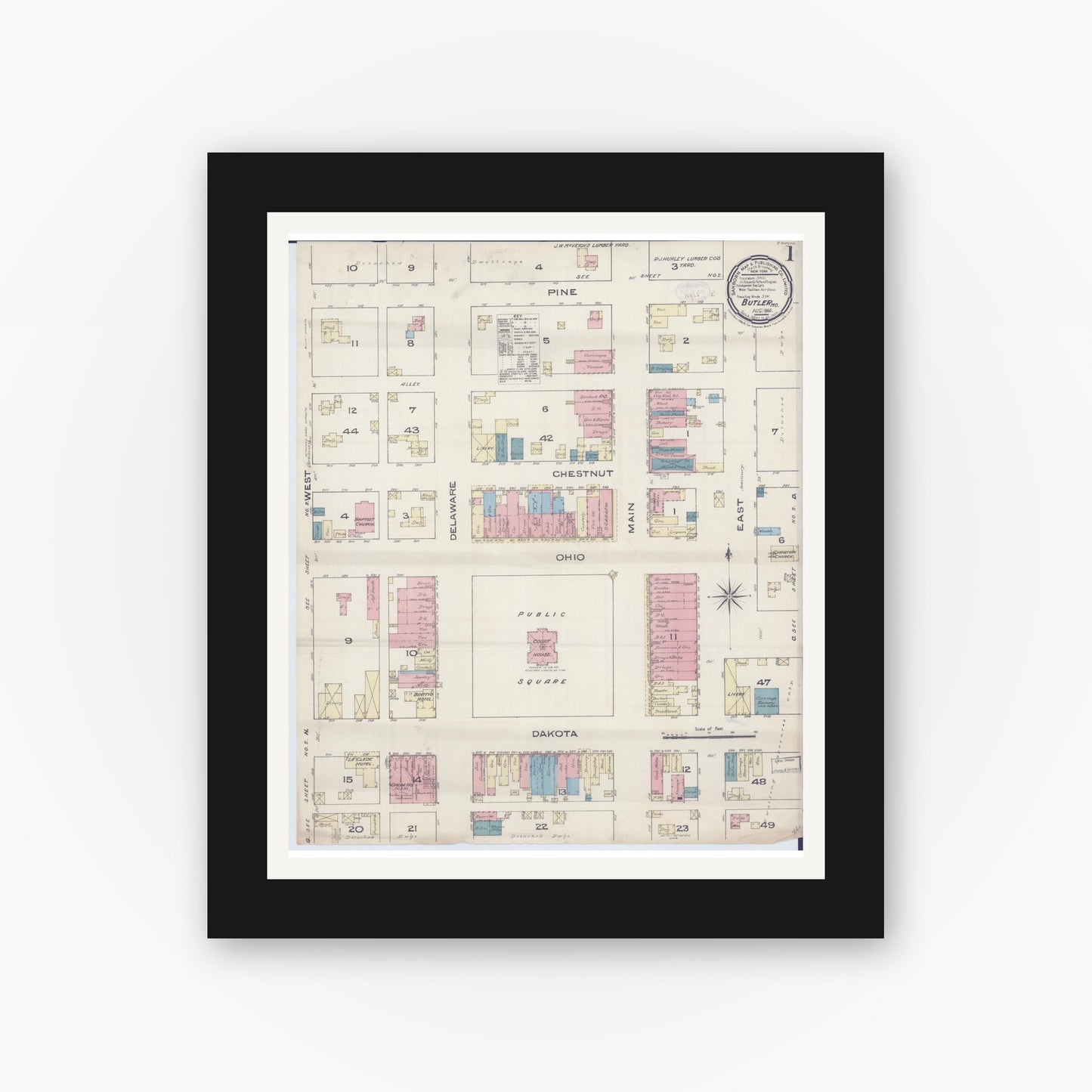 Old map wall art mockup — black gallery frame with white mat — Sanborn Fire Insurance Map from Butler, Bates County, Missouri (1885) - Complete Map Set