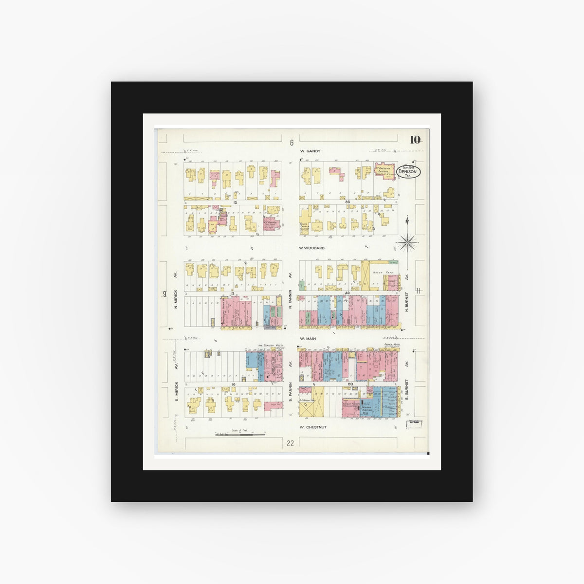 Old map wall art mockup — black gallery frame with white mat — Sanborn Fire Insurance Map from Denison, Grayson County, Texas (1908), Sheet #0010
