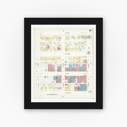 Old map wall art mockup — black gallery frame with white mat — Sanborn Fire Insurance Map from Denison, Grayson County, Texas (1908), Sheet #0010