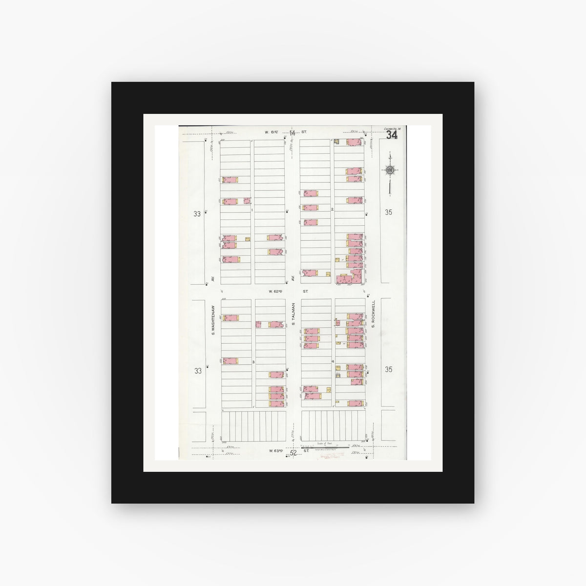 Old map wall art mockup — black gallery frame with white mat — Sanborn Fire Insurance Map from Chicago, Cook County, Illinois (1920), Sheet #0034