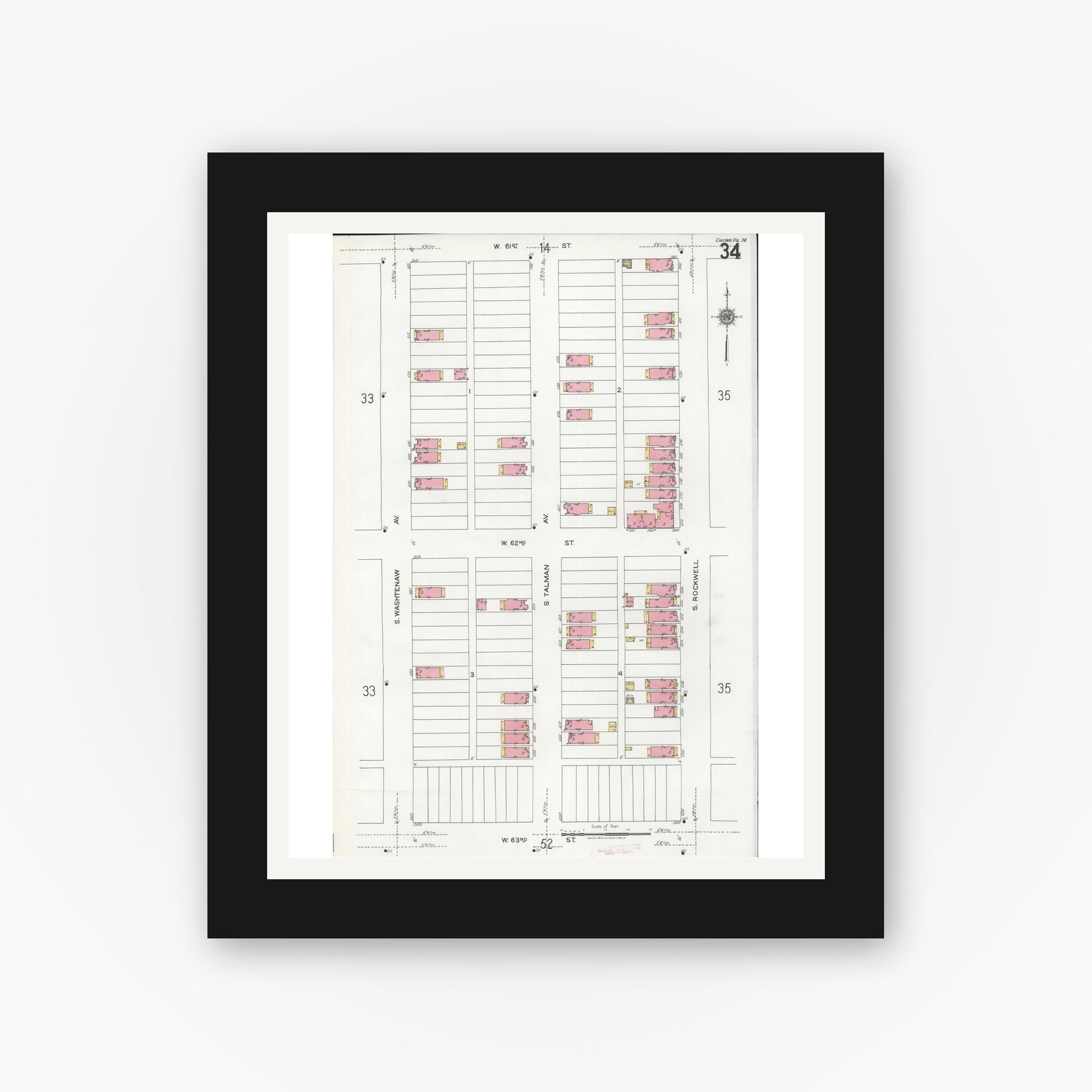 Old map wall art mockup — black gallery frame with white mat — Sanborn Fire Insurance Map from Chicago, Cook County, Illinois (1920), Sheet #0034
