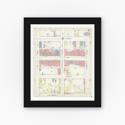 Old map wall art mockup — black gallery frame with white mat — Sanborn Fire Insurance Map from Denison, Grayson County, Texas (1892), Sheet #0009