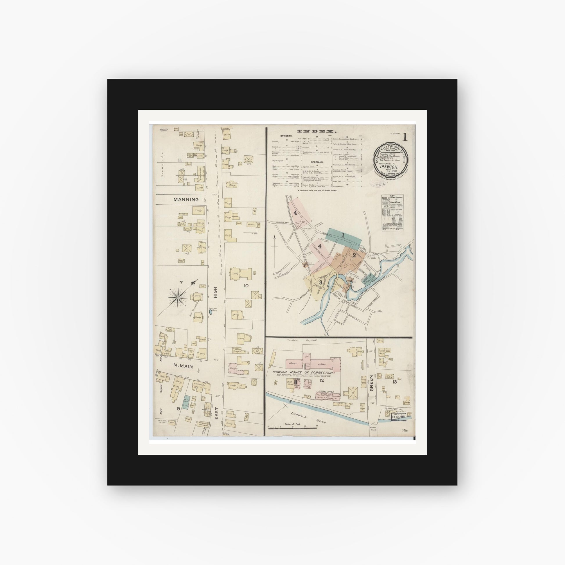 Old map wall art mockup — black gallery frame with white mat — Sanborn Fire Insurance Map from Ipswich, Essex County, Massachusetts (1887) - Complete Map Set