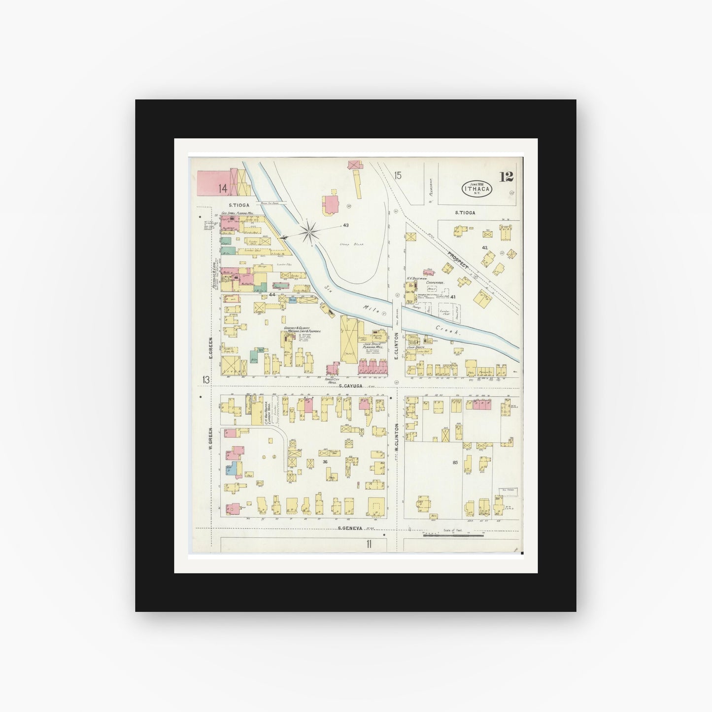 Old map wall art mockup — black gallery frame with white mat — Sanborn Fire Insurance Map from Ithaca, Tompkins County, New York (1898), Sheet #0012