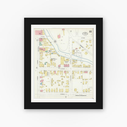 Old map wall art mockup — black gallery frame with white mat — Sanborn Fire Insurance Map from Ithaca, Tompkins County, New York (1898), Sheet #0012