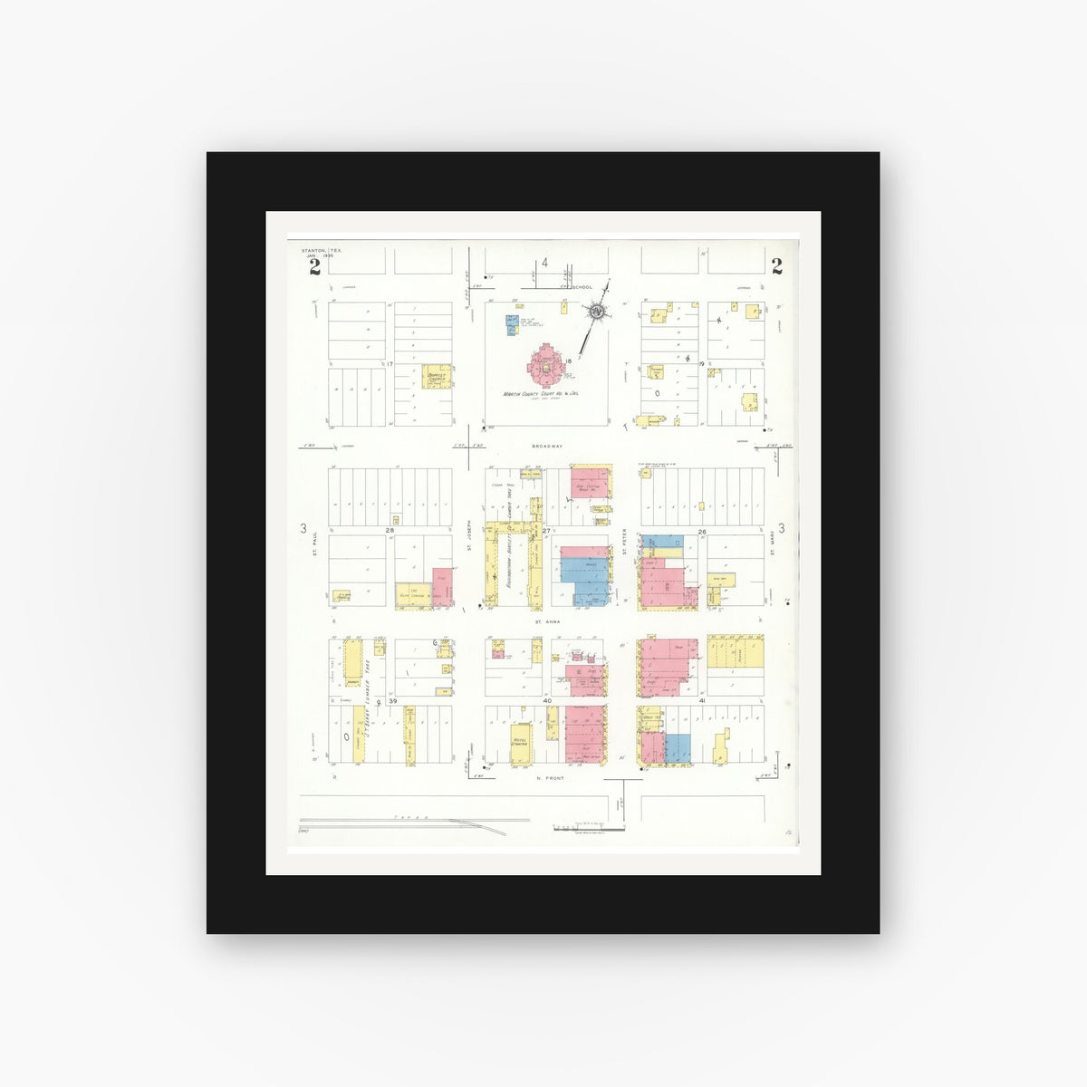 Old map wall art mockup — black gallery frame with white mat — Sanborn Fire Insurance Map from Stanton, Martin County, Texas (1935), Sheet #0002