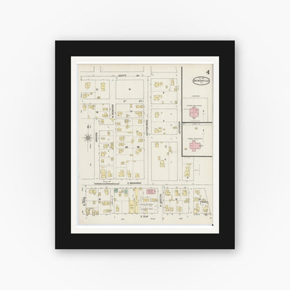 Old map wall art mockup — black gallery frame with white mat — Sanborn Fire Insurance Map from Gainesville, Cooke County, Texas (1888), Sheet #0004
