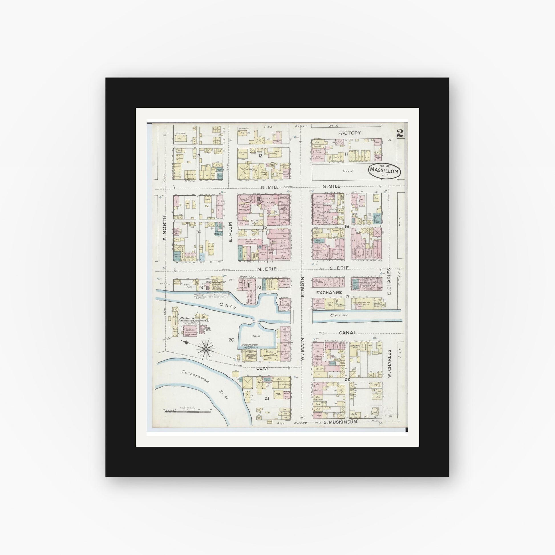 Old map wall art mockup — black gallery frame with white mat — Sanborn Fire Insurance Map from Massillon, Stark County, Ohio (1887), Sheet #0002