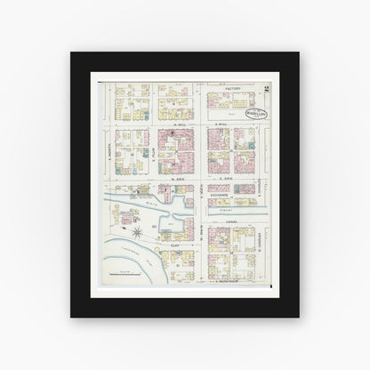 Old map wall art mockup — black gallery frame with white mat — Sanborn Fire Insurance Map from Massillon, Stark County, Ohio (1887), Sheet #0002