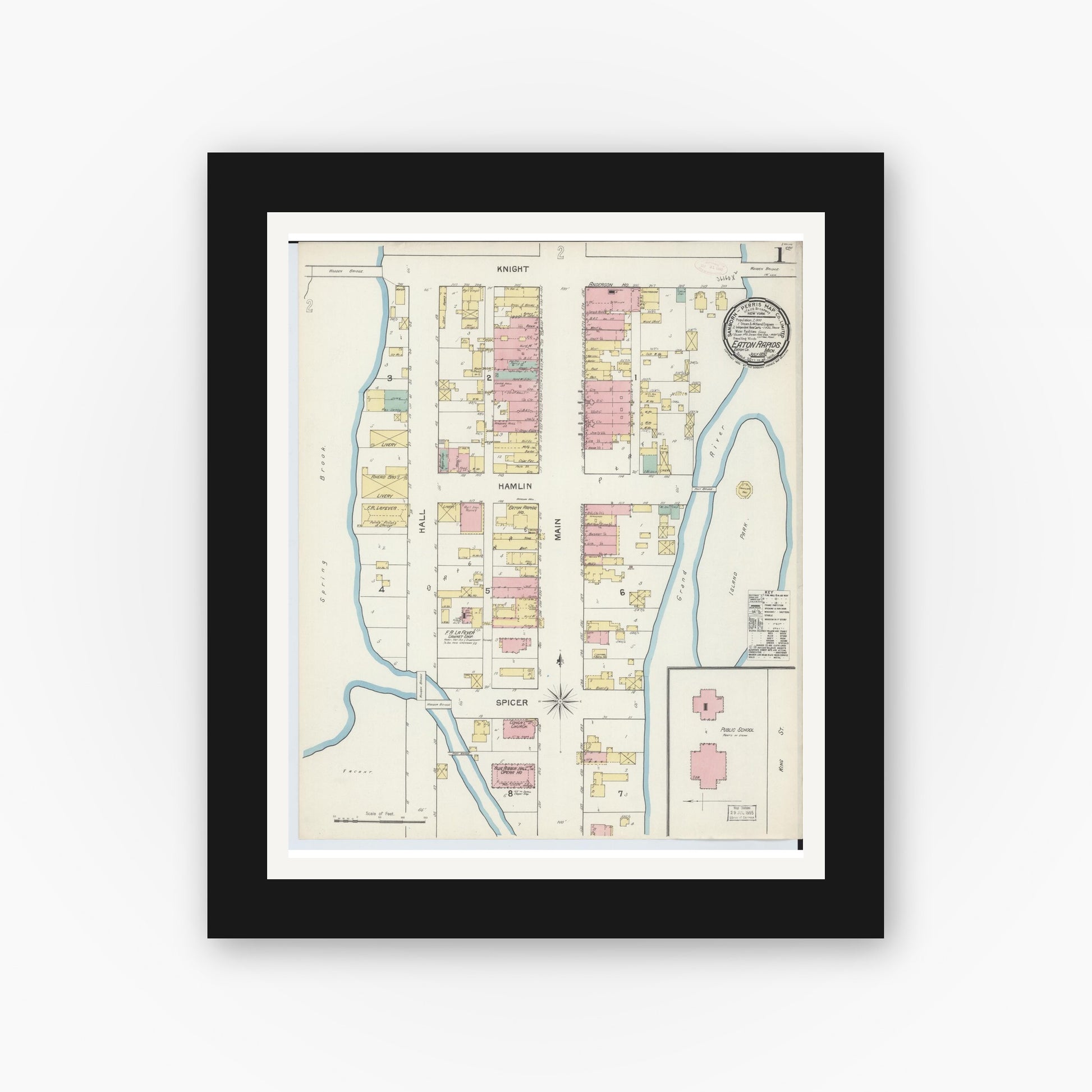Old map wall art mockup — black gallery frame with white mat — Sanborn Fire Insurance Map from Eaton Rapids, Eaton County, Michigan (1892) - Complete Map Set
