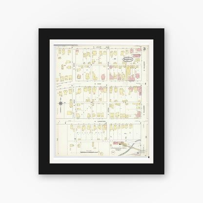 Old map wall art mockup — black gallery frame with white mat — Sanborn Fire Insurance Map from Wilmington, Clinton County, Ohio (1914), Sheet #0003