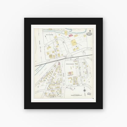 Old map wall art mockup — black gallery frame with white mat — Sanborn Fire Insurance Map from Milton, Norfolk County, Massachusetts (1917), Sheet #0003