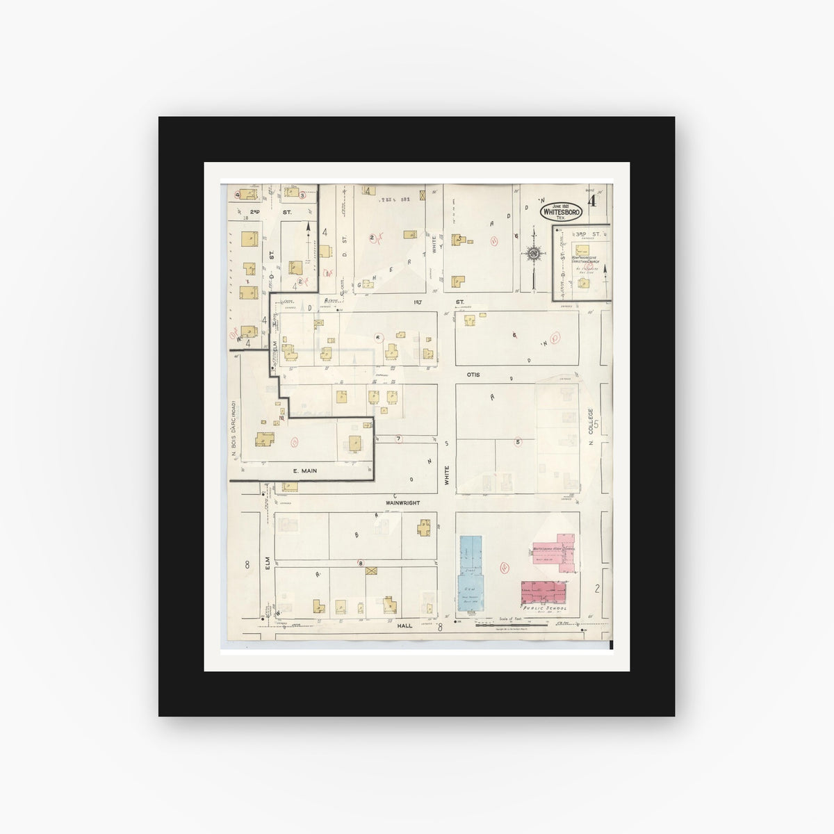 Old map wall art mockup — black gallery frame with white mat — Sanborn Fire Insurance Map from Whitesboro, Grayson County, Texas (1943), Sheet #0004
