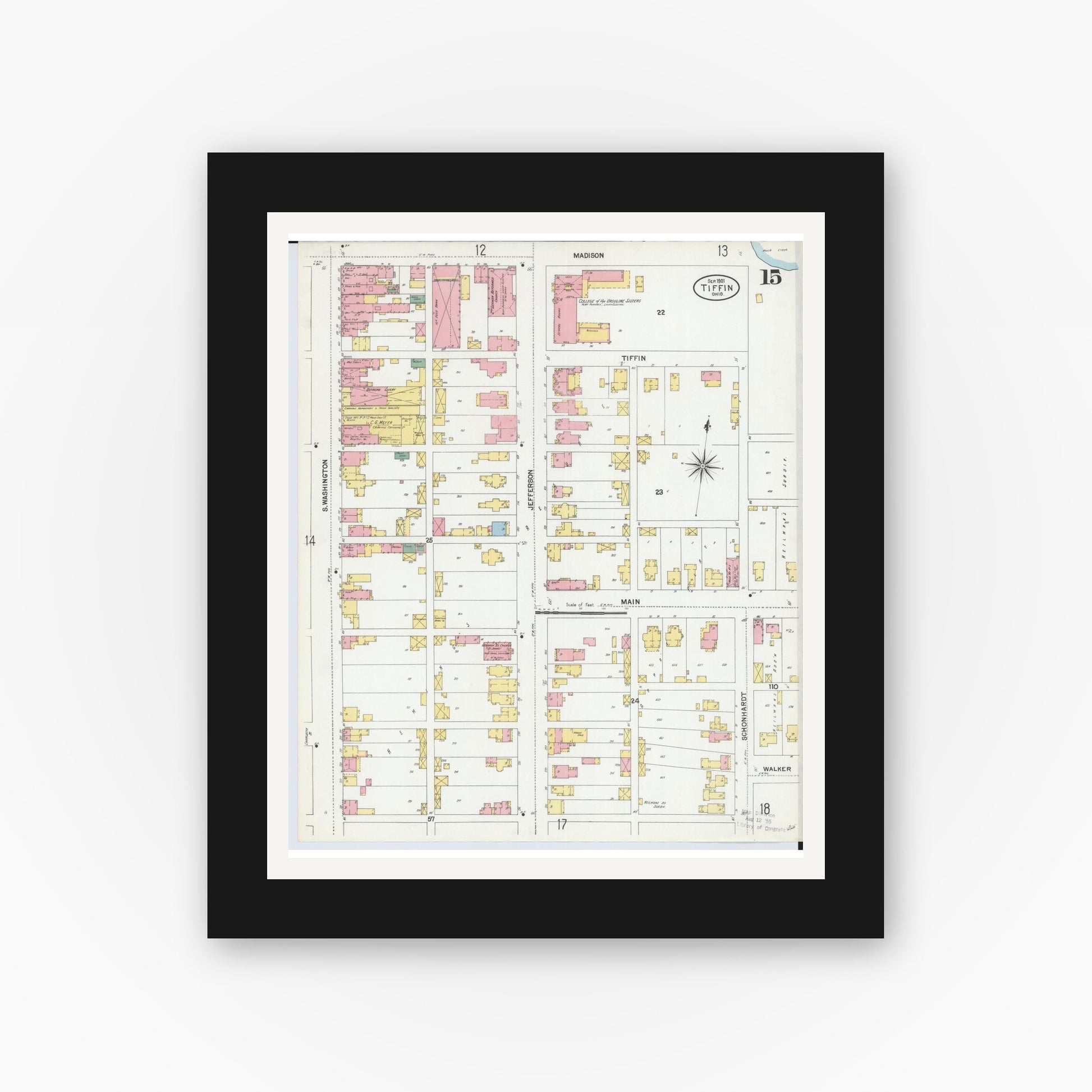 Old map wall art mockup — black gallery frame with white mat — Sanborn Fire Insurance Map from Tiffin, Seneca County, Ohio (1901), Sheet #0015