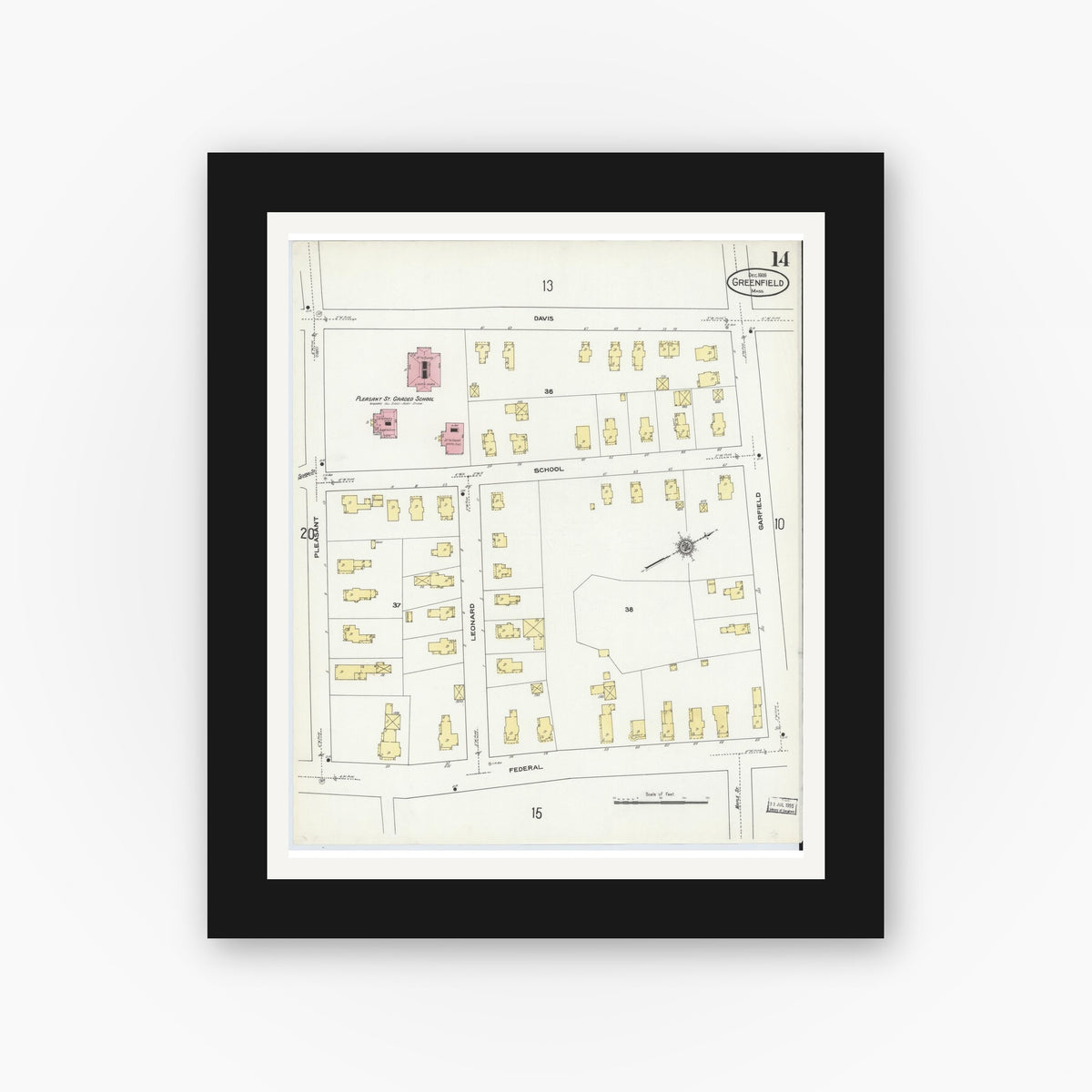 Old map wall art mockup — black gallery frame with white mat — Sanborn Fire Insurance Map from Greenfield, Franklin County, Massachusetts (1909), Sheet #0014