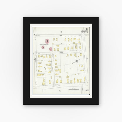 Old map wall art mockup — black gallery frame with white mat — Sanborn Fire Insurance Map from Greenfield, Franklin County, Massachusetts (1909), Sheet #0014