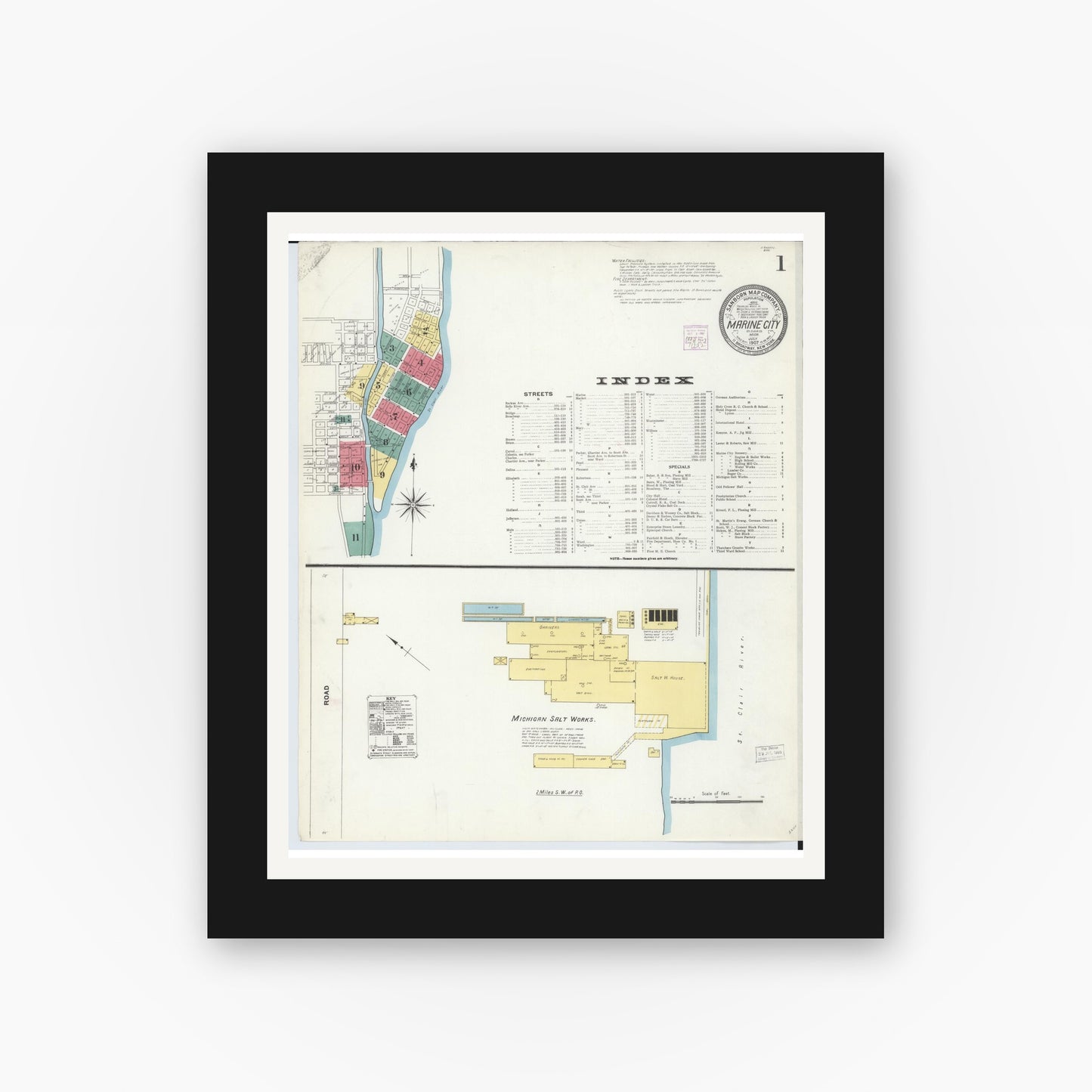 Old map wall art mockup — black gallery frame with white mat — Sanborn Fire Insurance Map from Marine City, Saint Clair County, Michigan (1907) - Complete Map Set