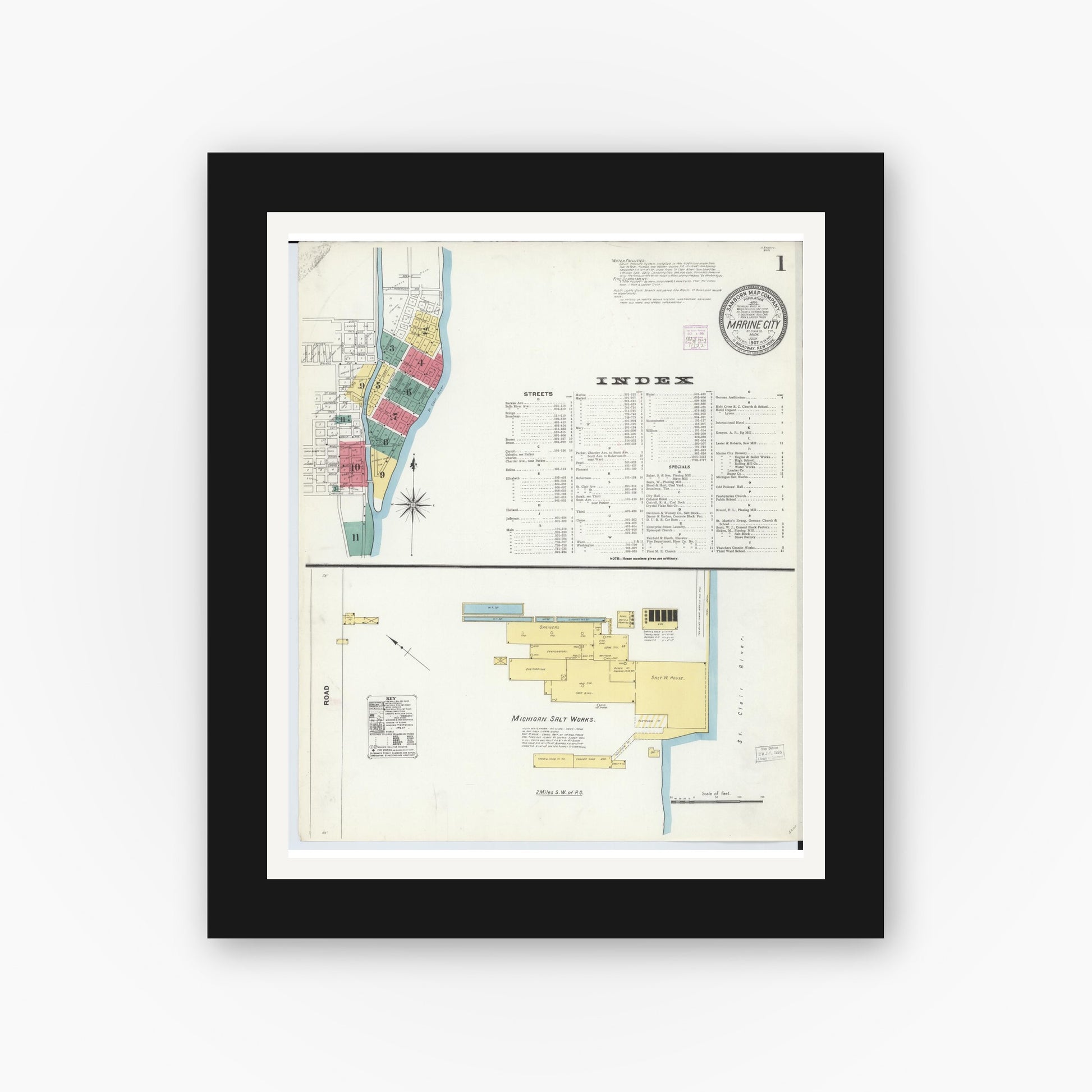 Old map wall art mockup — black gallery frame with white mat — Sanborn Fire Insurance Map from Marine City, Saint Clair County, Michigan (1907) - Complete Map Set