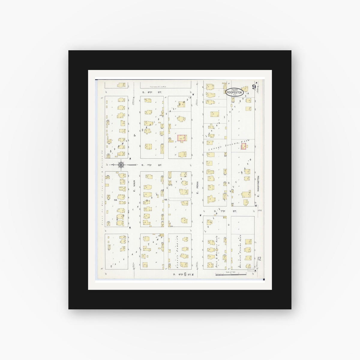 Old map wall art mockup — black gallery frame with white mat — Sanborn Fire Insurance Map from Hoopeston, Vermilion County, Illinois (1913), Sheet #0009