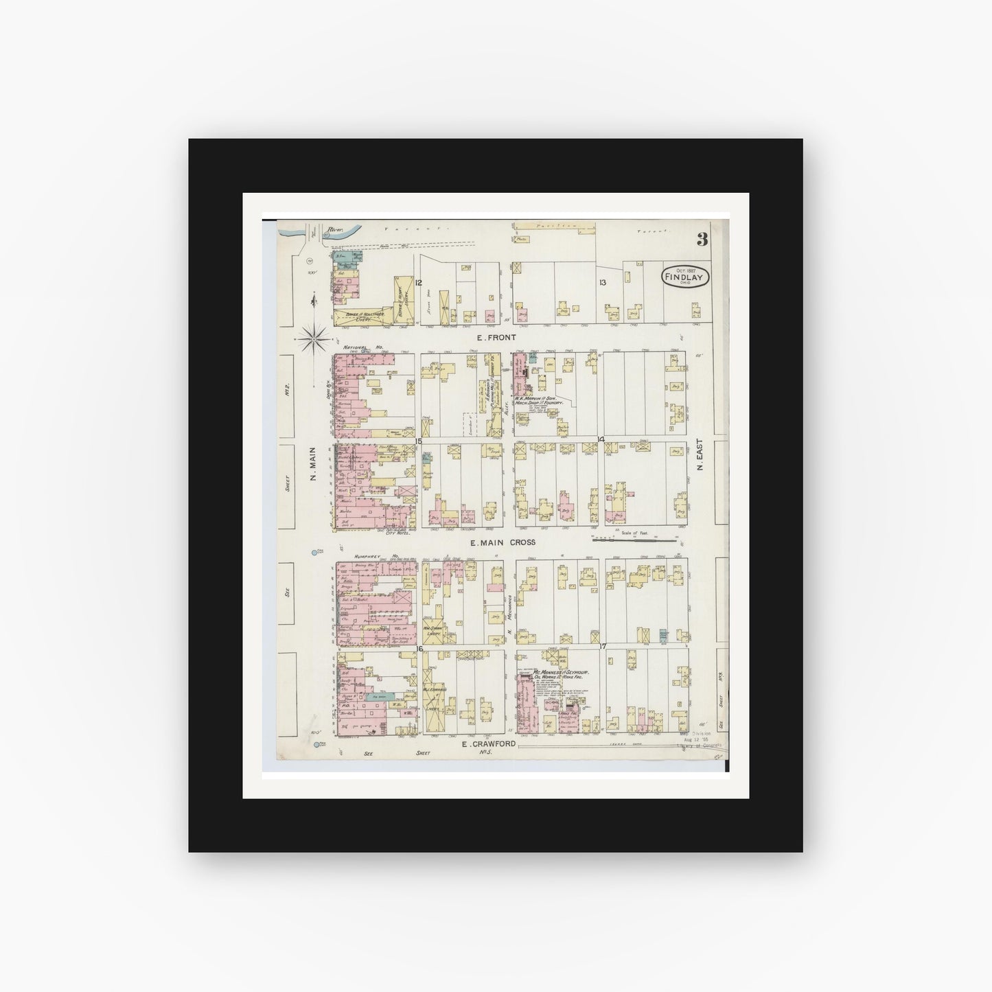 Old map wall art mockup — black gallery frame with white mat — Sanborn Fire Insurance Map from Findlay, Hancock County, Ohio (1887), Sheet #0003