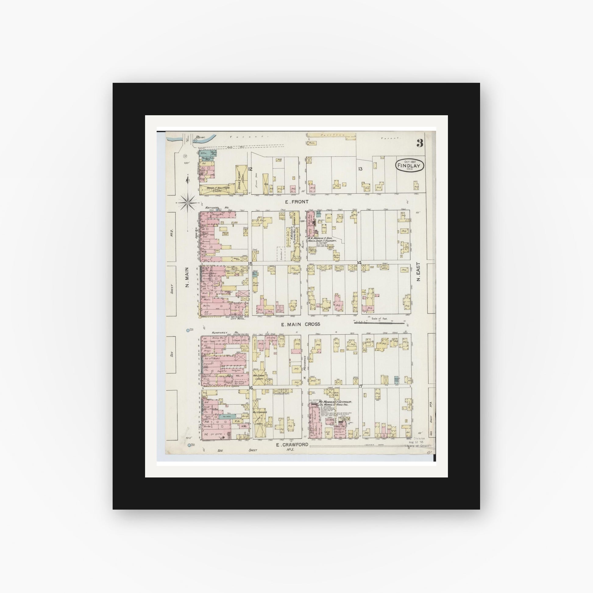 Old map wall art mockup — black gallery frame with white mat — Sanborn Fire Insurance Map from Findlay, Hancock County, Ohio (1887), Sheet #0003