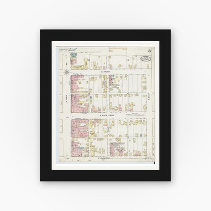Old map wall art mockup — black gallery frame with white mat — Sanborn Fire Insurance Map from Findlay, Hancock County, Ohio (1887), Sheet #0003