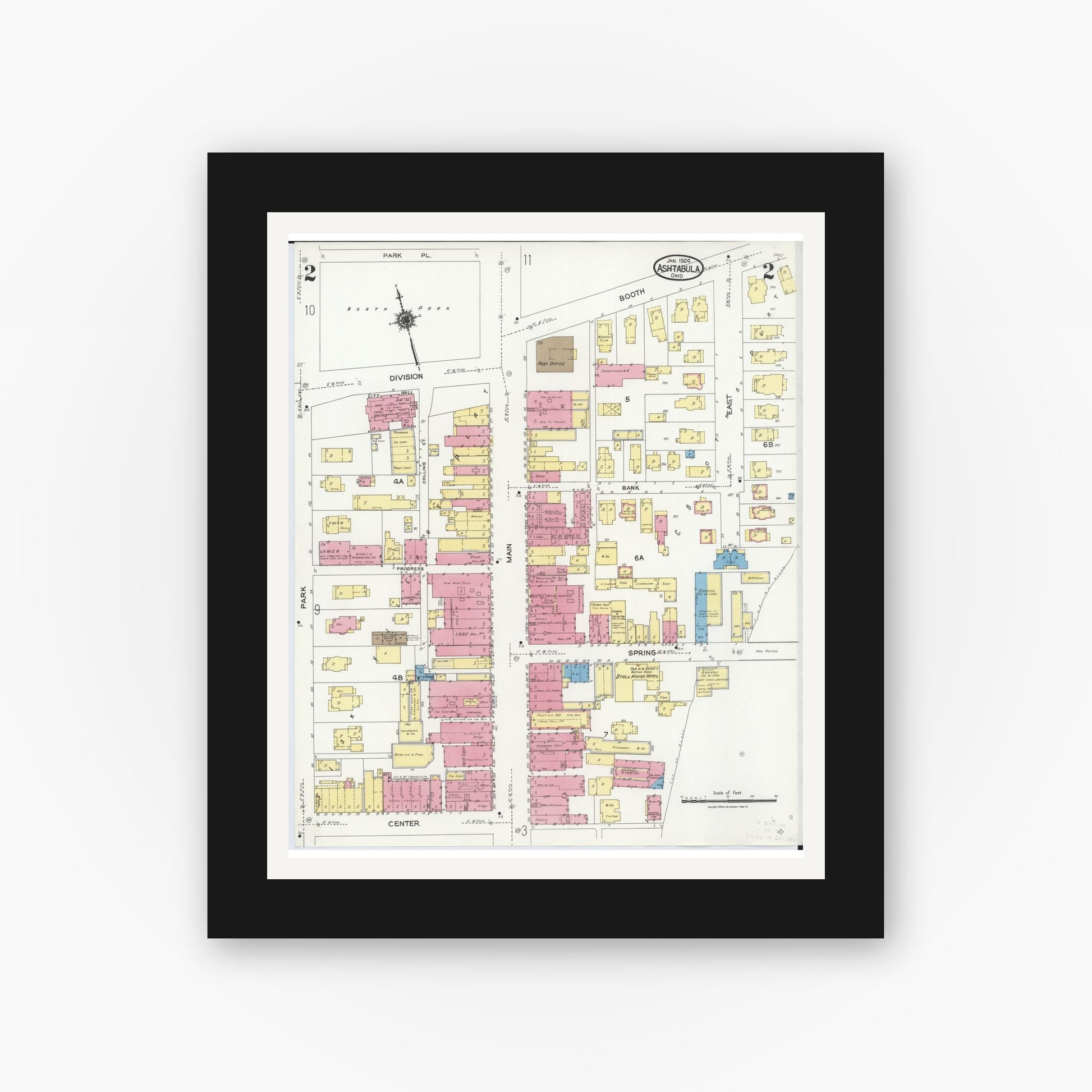 Old map wall art mockup — black gallery frame with white mat — Sanborn Fire Insurance Map from Ashtabula, Ashtabula County, Ohio (1924), Sheet #0002