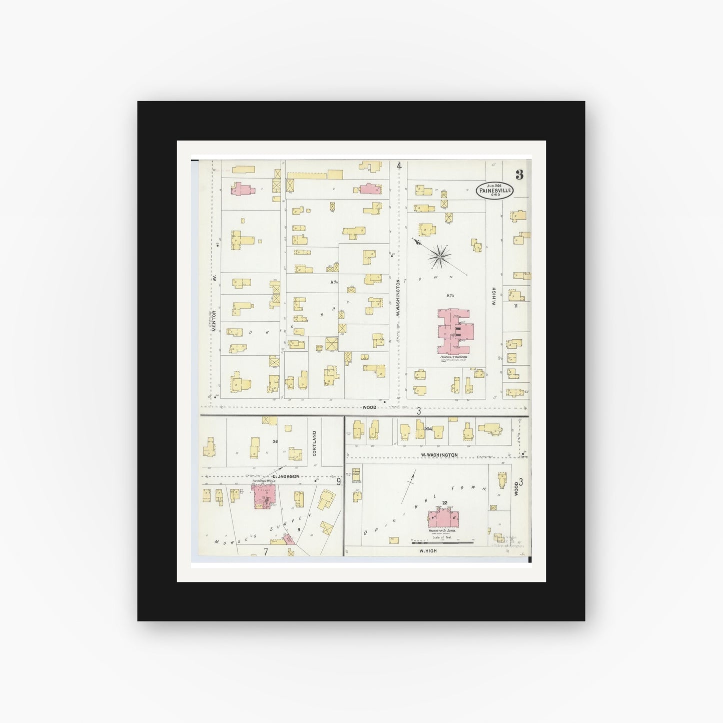 Old map wall art mockup — black gallery frame with white mat — Sanborn Fire Insurance Map from Painesville, Lake County, Ohio (1904), Sheet #0003