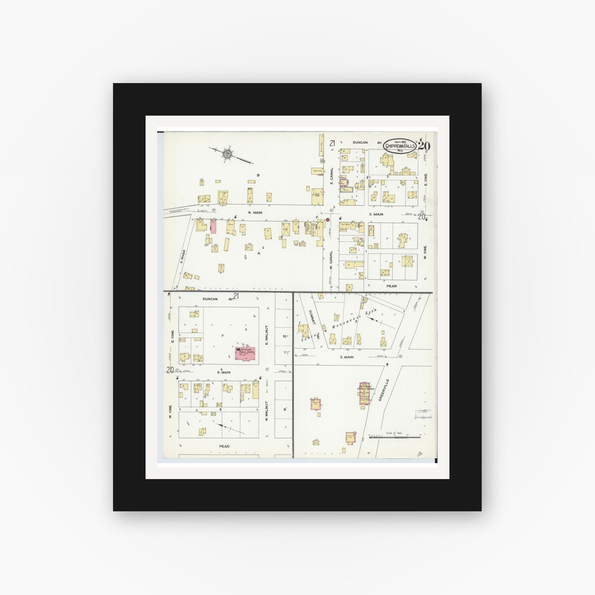 Old map wall art mockup — black gallery frame with white mat — Sanborn Fire Insurance Map from Chippewa Falls, Chippewa County, Wisconsin (1910), Sheet #0020