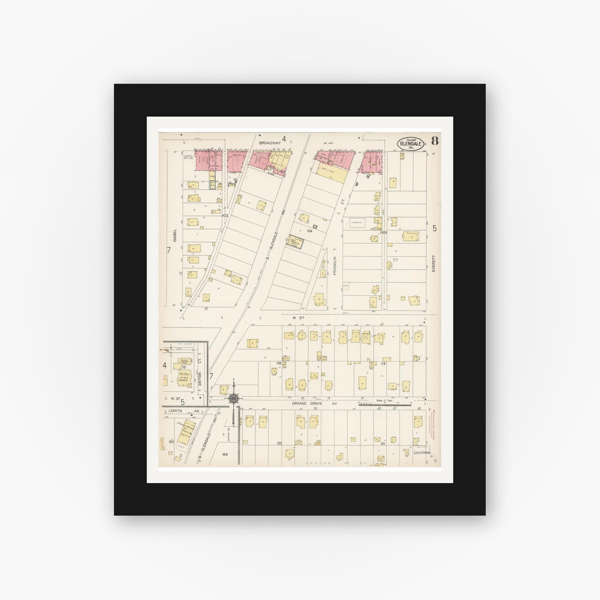 Old map wall art mockup — black gallery frame with white mat — Sanborn Fire Insurance Map from Glendale, Los Angeles County, California (1912), Sheet #0008