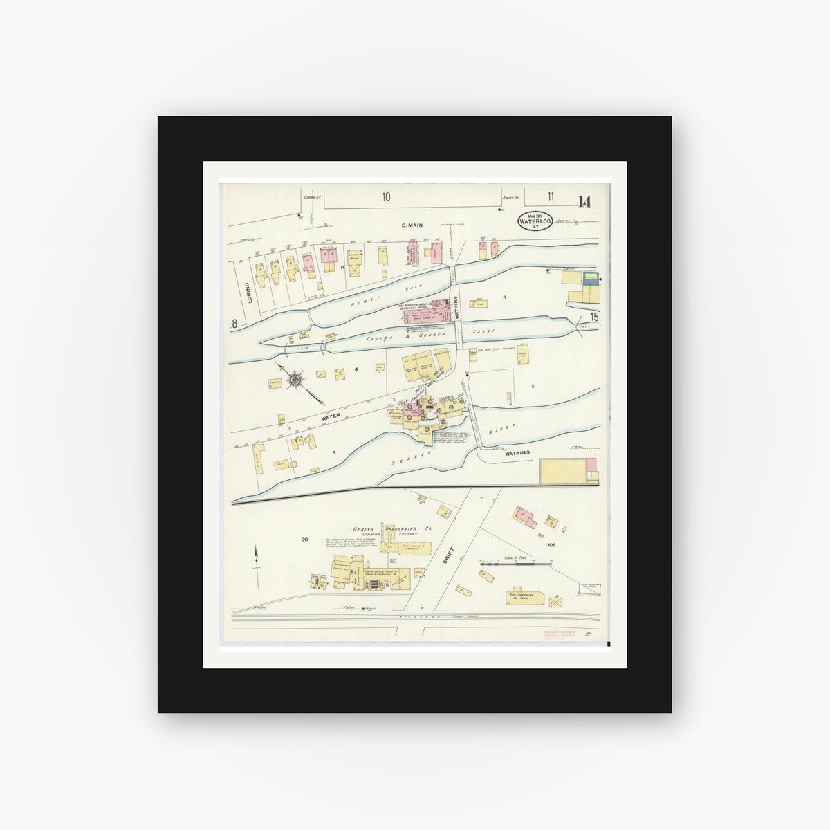 Old map wall art mockup — black gallery frame with white mat — Sanborn Fire Insurance Map from Waterloo, Seneca County, New York (1911), Sheet #0014