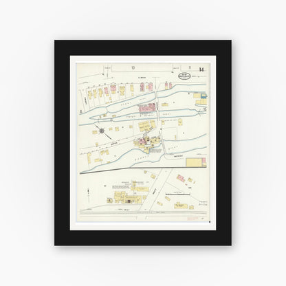 Old map wall art mockup — black gallery frame with white mat — Sanborn Fire Insurance Map from Waterloo, Seneca County, New York (1911), Sheet #0014
