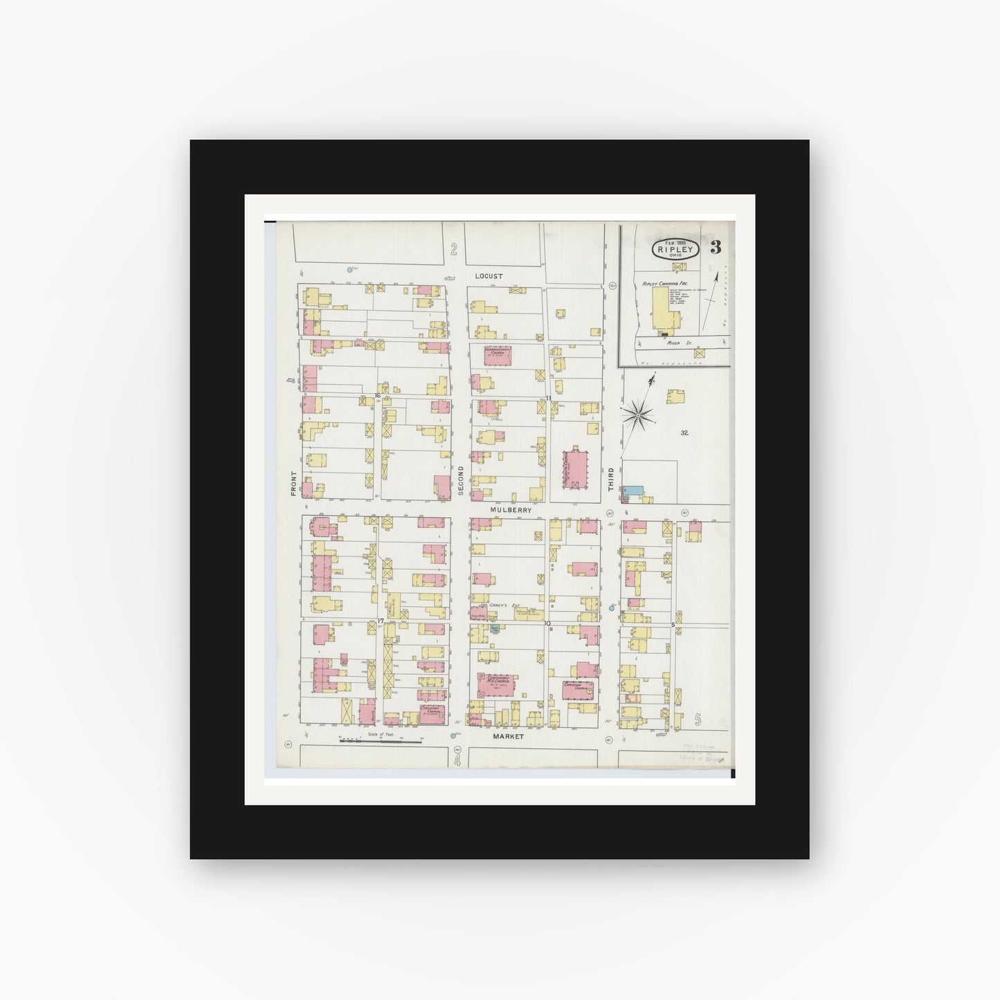 Old map wall art mockup — black gallery frame with white mat — Sanborn Fire Insurance Map from Ripley, Brown County, Ohio (1895), Sheet #0003