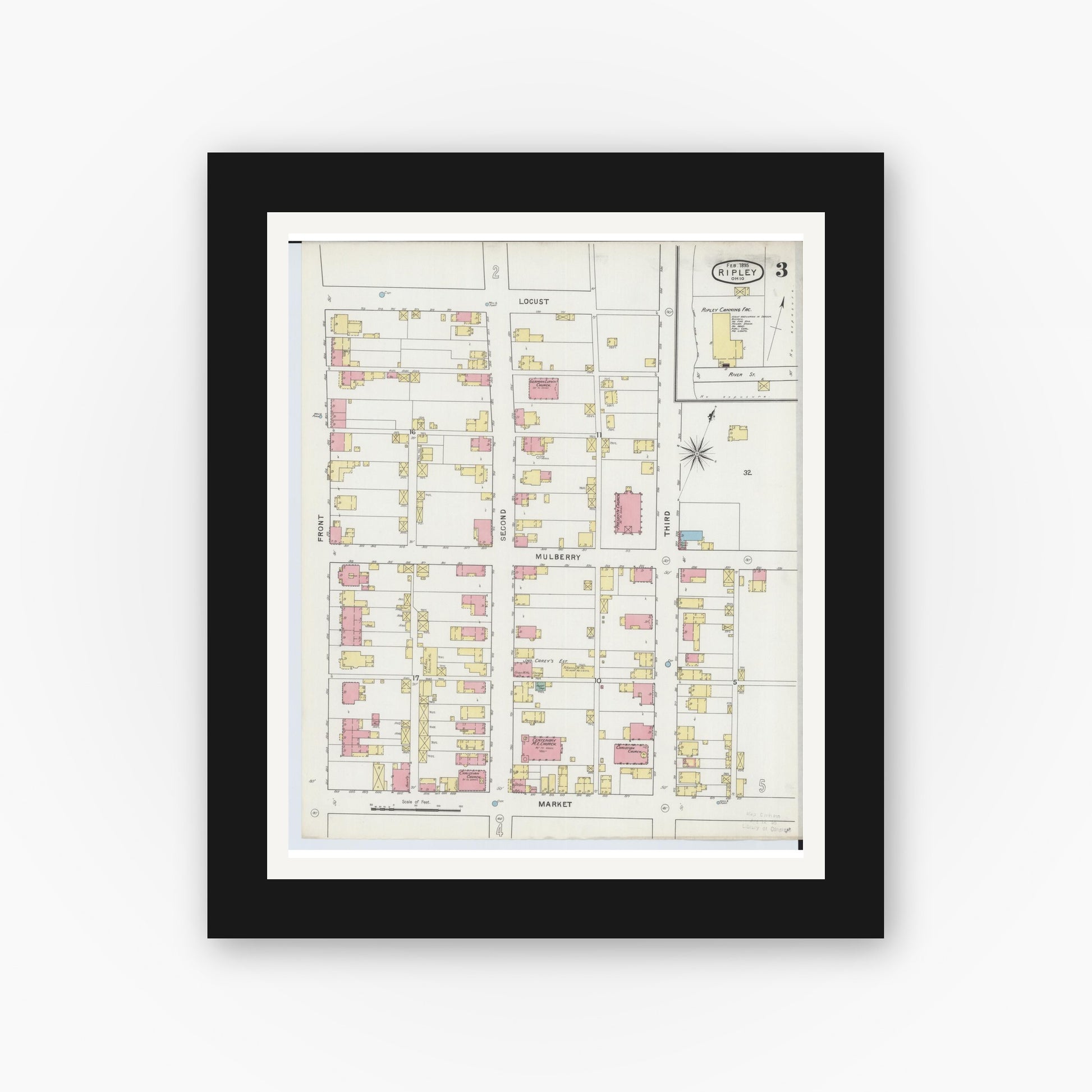 Old map wall art mockup — black gallery frame with white mat — Sanborn Fire Insurance Map from Ripley, Brown County, Ohio (1895), Sheet #0003