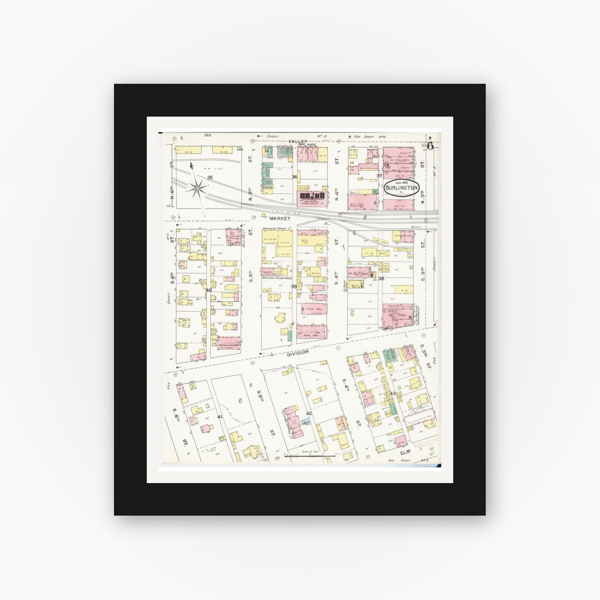 Old map wall art mockup — black gallery frame with white mat — Sanborn Fire Insurance Map from Burlington, Des Moines County, Iowa (1892), Sheet #0006