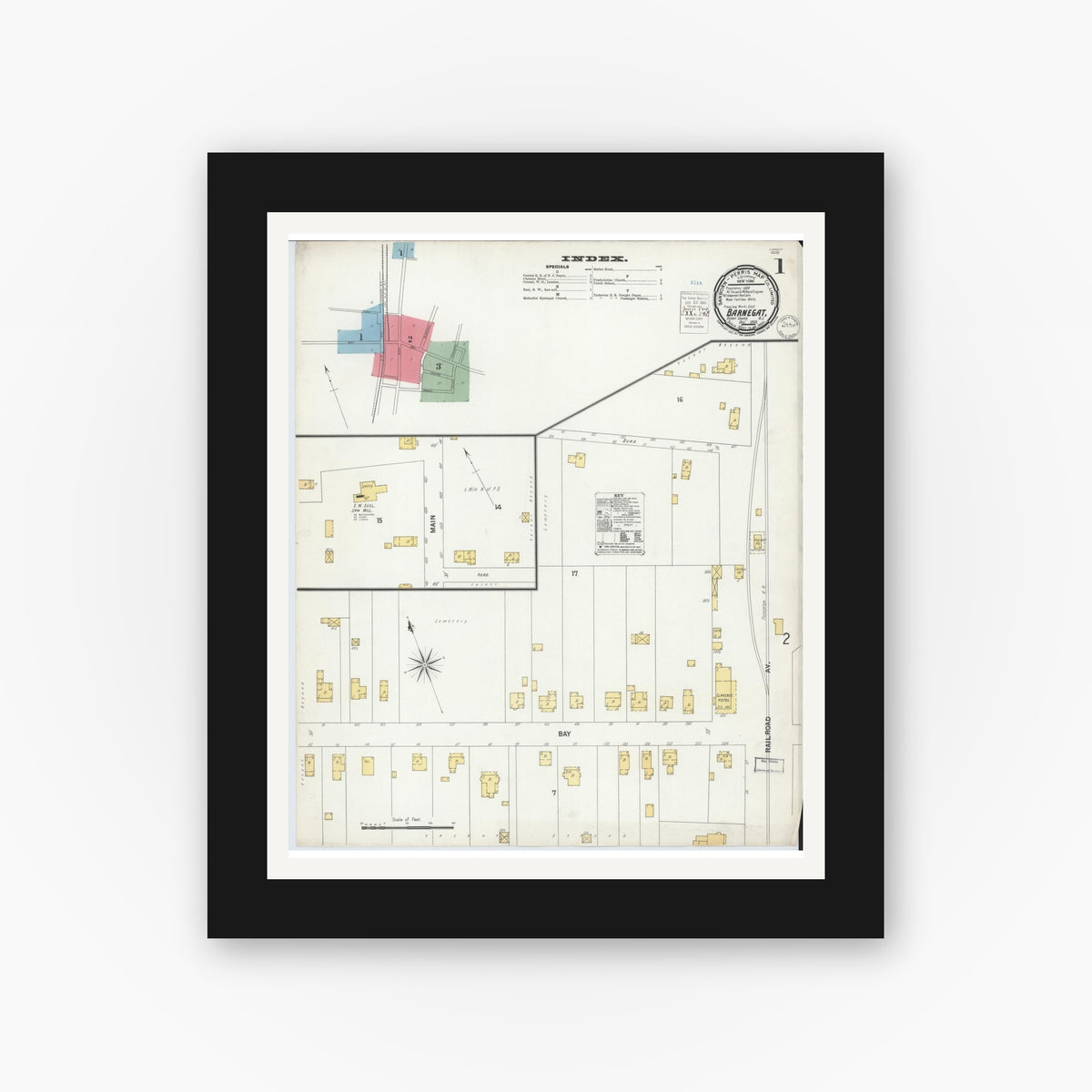 Old map wall art mockup — black gallery frame with white mat — Sanborn Fire Insurance Map from Barnegat, Ocean County, New Jersey (1900) - Complete Map Set