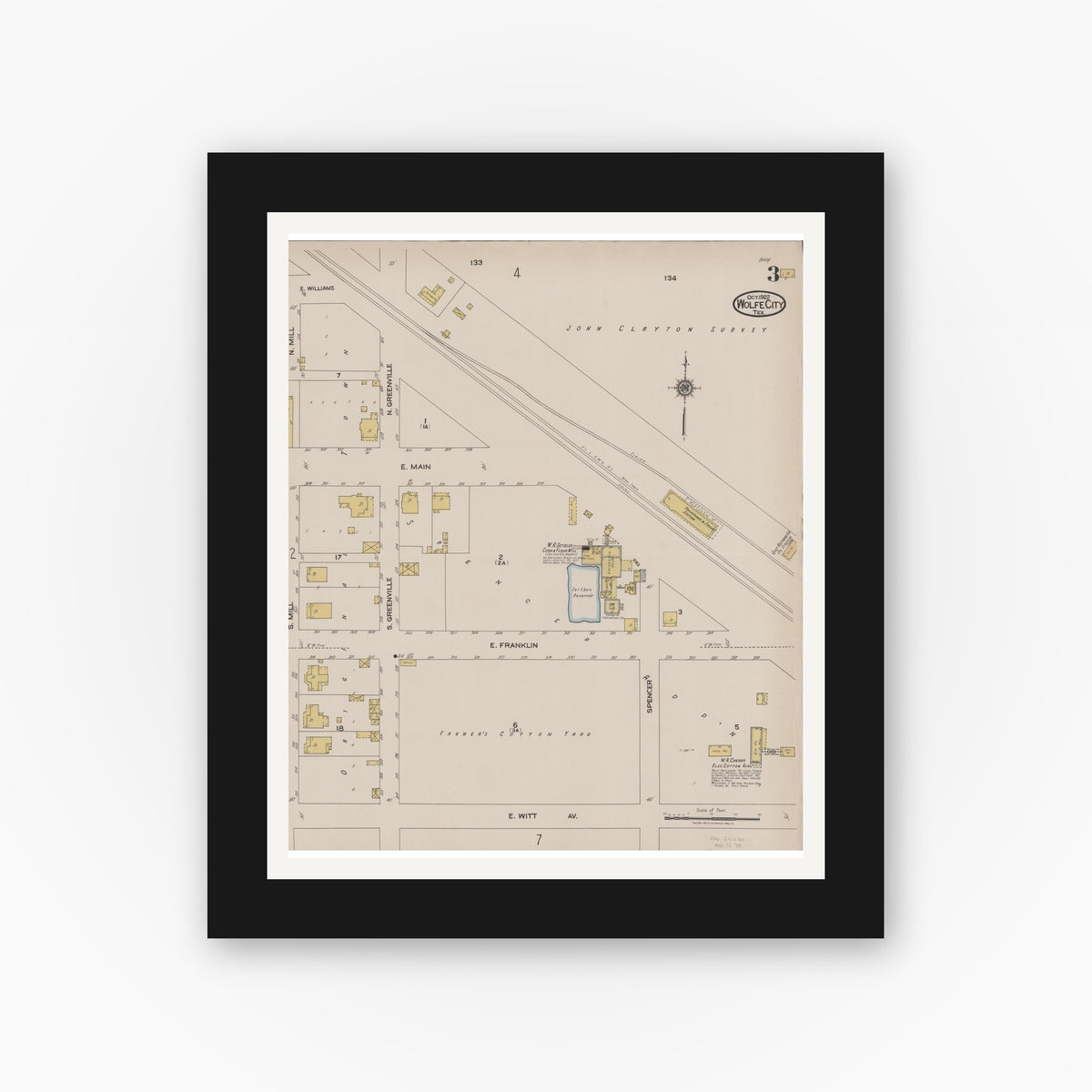 Old map wall art mockup — black gallery frame with white mat — Sanborn Fire Insurance Map from Wolfe City, Hunt County, Texas (1922), Sheet #0003