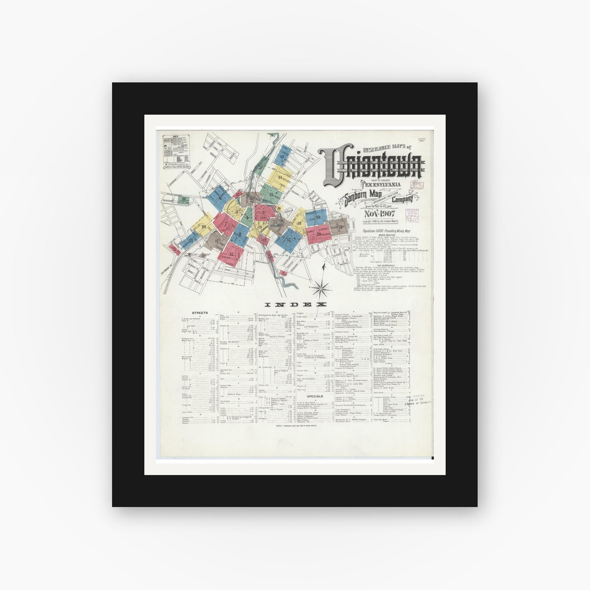 Old map wall art mockup — black gallery frame with white mat — Sanborn Fire Insurance Map from Uniontown, Fayette County, Pennsylvania (1907), Sheet #0001