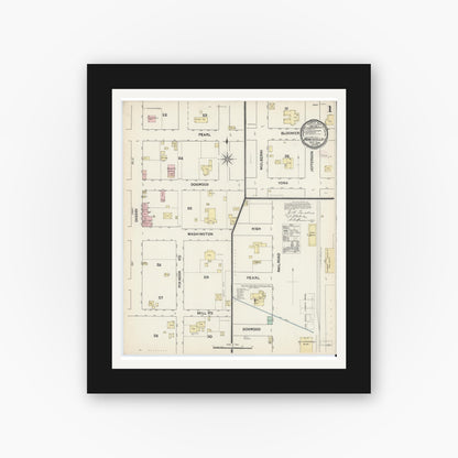 Old map wall art mockup — black gallery frame with white mat — Sanborn Fire Insurance Map from Monticello, Jefferson County, Florida (1890), Sheet #0001
