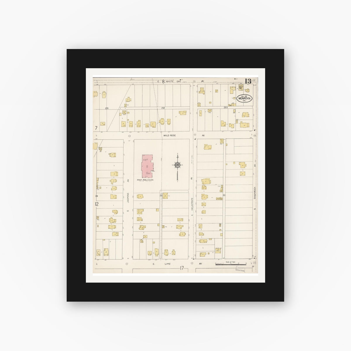 Old map wall art mockup — black gallery frame with white mat — Sanborn Fire Insurance Map from Monrovia, Los Angeles County, California (1913), Sheet #0013