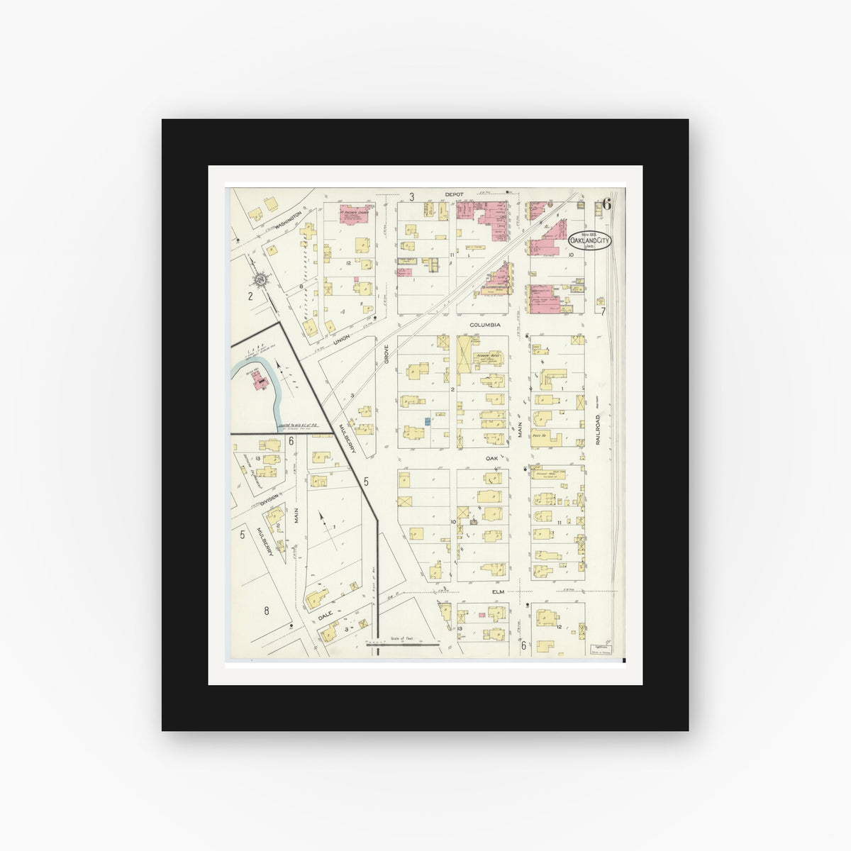 Old map wall art mockup — black gallery frame with white mat — Sanborn Fire Insurance Map from Oakland City, Gibson County, Indiana (1913), Sheet #0006