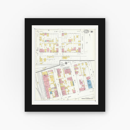 Old map wall art mockup — black gallery frame with white mat — Sanborn Fire Insurance Map from Alton, Madison County, Illinois (1915), Sheet #0010
