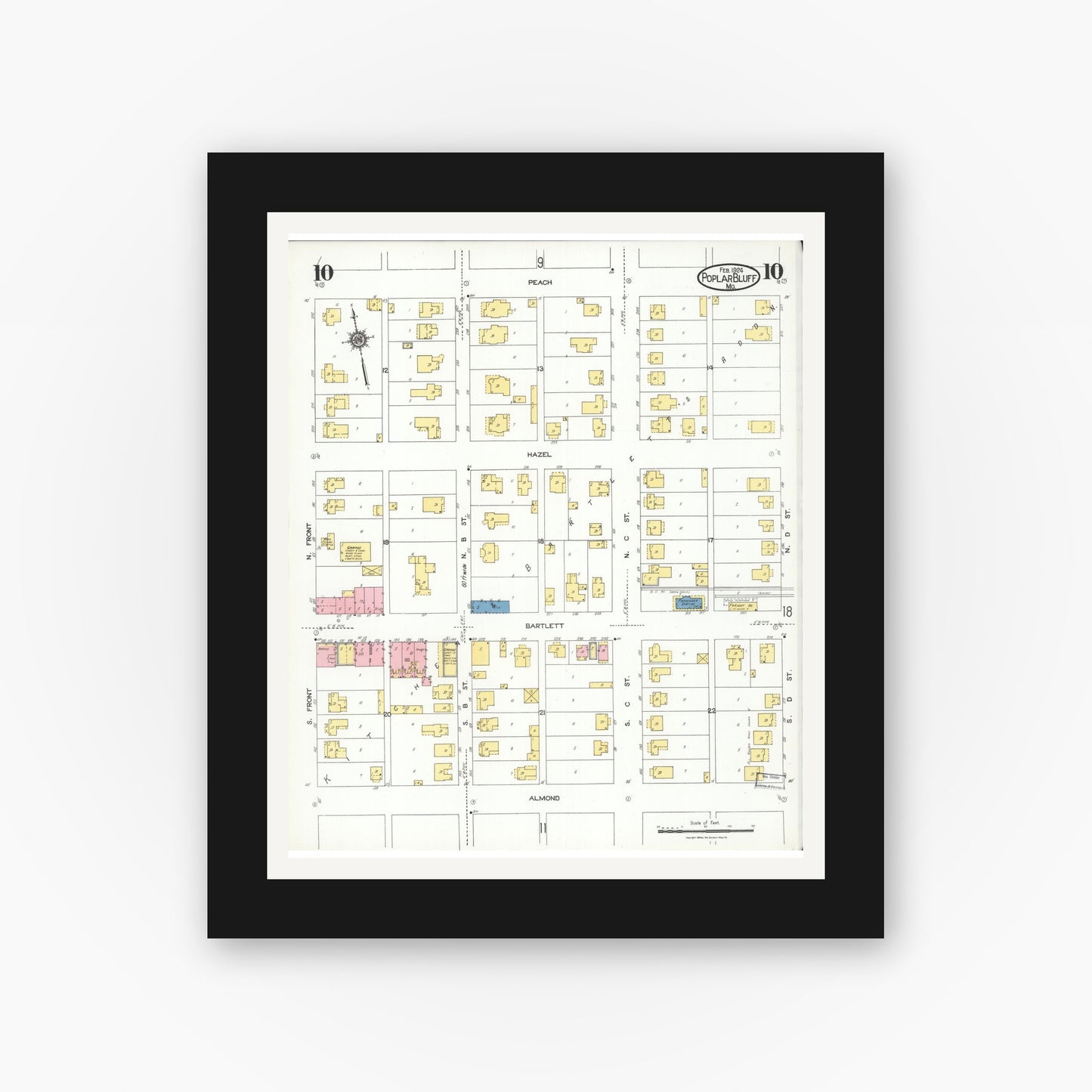Old map wall art mockup — black gallery frame with white mat — Sanborn Fire Insurance Map from Poplar Bluff, Butler County, Missouri (1924), Sheet #0010